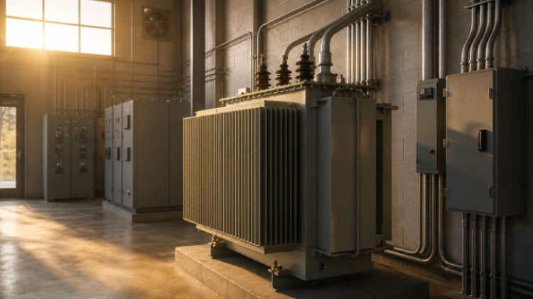 Industrial isolation transformer installed in an electrical equipment room