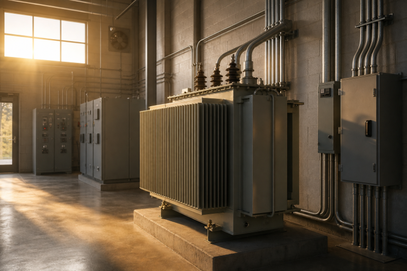 Industrial isolation transformer installed in an electrical equipment room