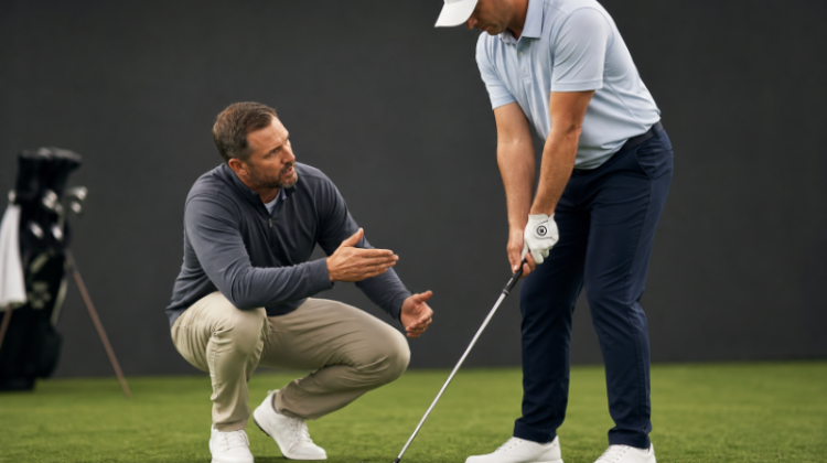 A golf coach instructing a golfer