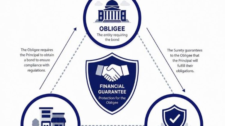 Diagram explaining the three-party relationship in a surety bond infographic