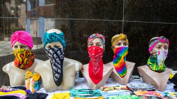 Mannequins With Colorful Silk Mask Are For Sale In Street At Sao Paulo, Brazil