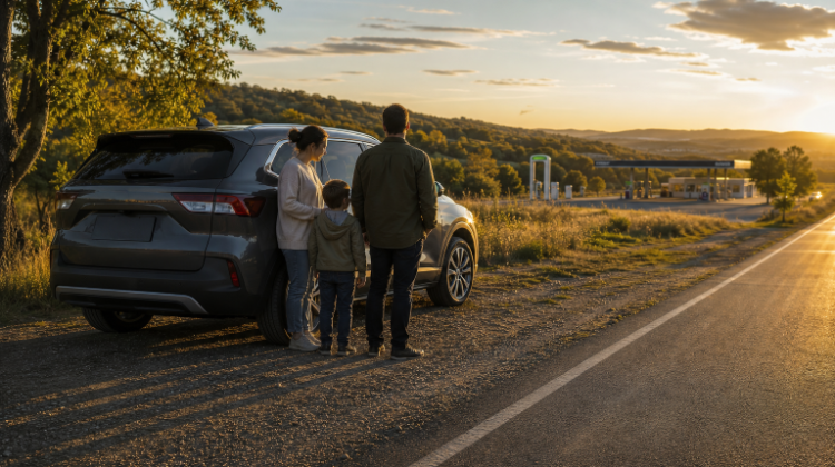 A family standing beside an SUV near a charging station while comparing options for gas, hybrid, plug-in hybrid and electric vehicles.