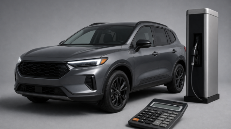 Gray SUV beside an EV charging station and calculator representing total vehicle ownership costs.
