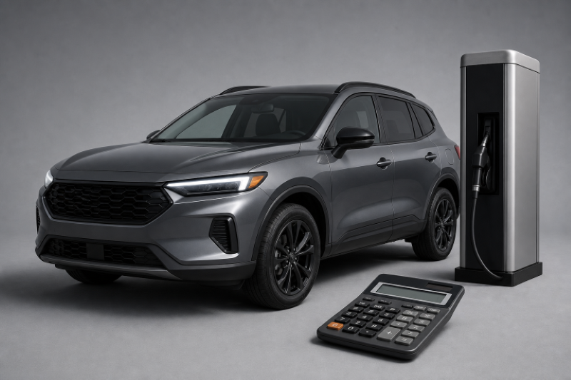 Gray SUV beside an EV charging station and calculator representing total vehicle ownership costs.