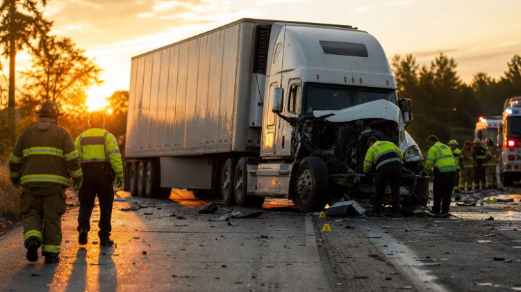 Emergency responders inspecting a damaged commercial truck at a crash scene.