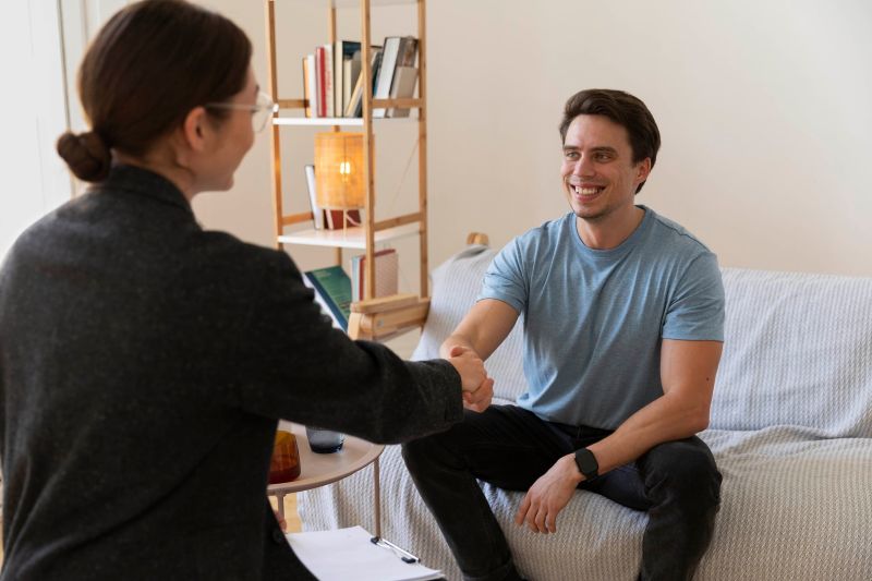 Mental health professional greeting a smiling patient during a consultation.