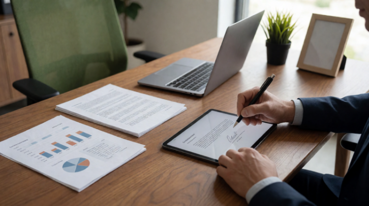 UK small business owner signing an electronic contract on a tablet.