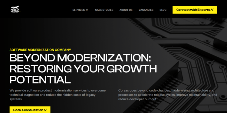 Corsac Technologies software modernization and legacy system support services website.