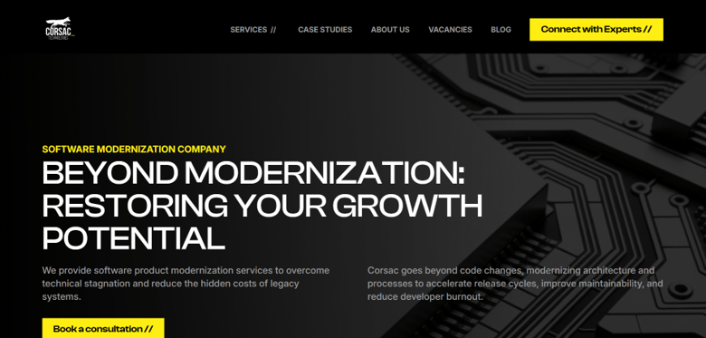 Corsac Technologies software modernization and legacy system support services website.