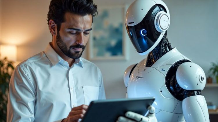 Telecom professional working alongside an AI-powered robot while reviewing information on a tablet
