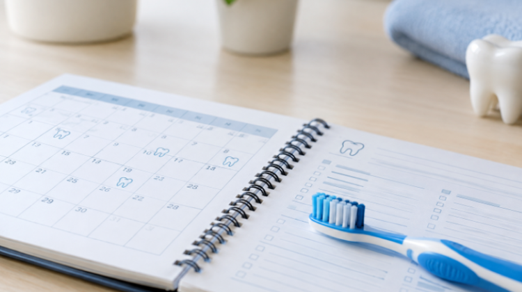 Family dental care planner with appointment calendar and toothbrush.