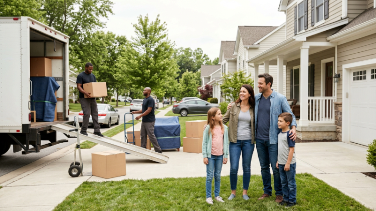 Family outside their new home while professional movers unload boxes from a moving truck during a long-distance relocation