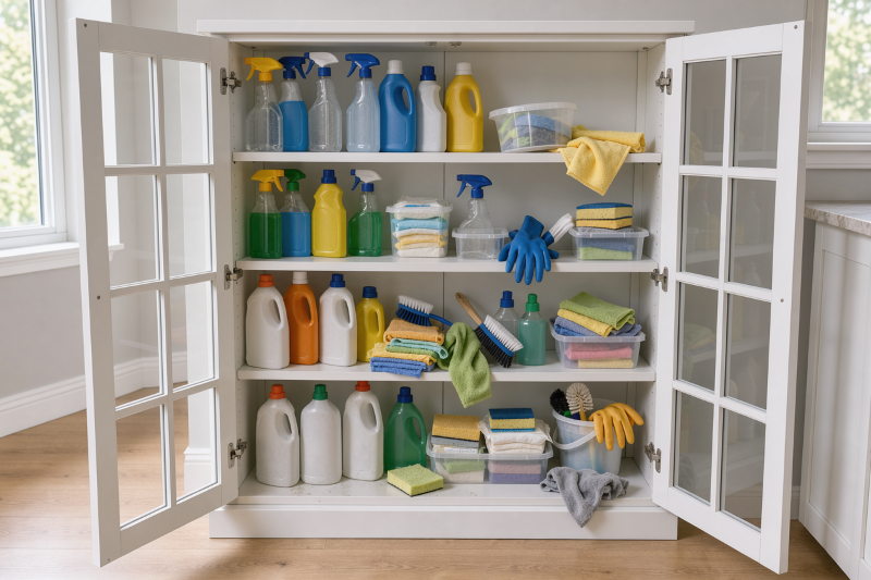 Organized business supply closet stocked with cleaning products, cloths, brushes, gloves and other workplace supplies