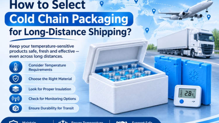Cold chain packaging with insulated shipping box, coolant packs and temperature monitor for long-distance shipping.
