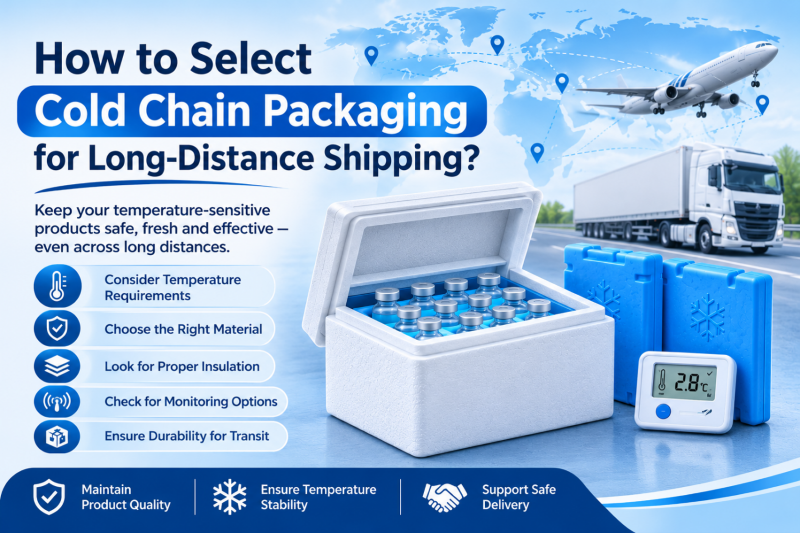 Cold chain packaging with insulated shipping box, coolant packs and temperature monitor for long-distance shipping.
