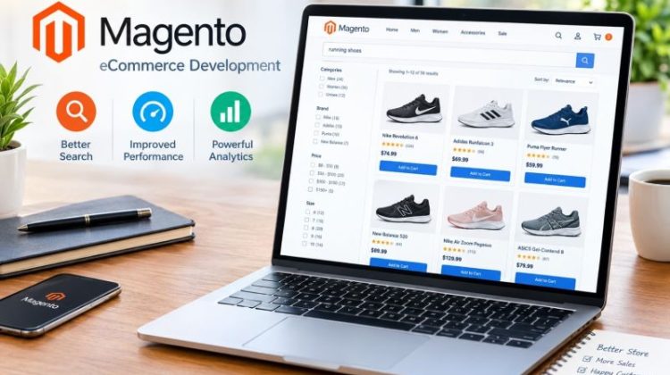 Magento ecommerce site on laptop computer