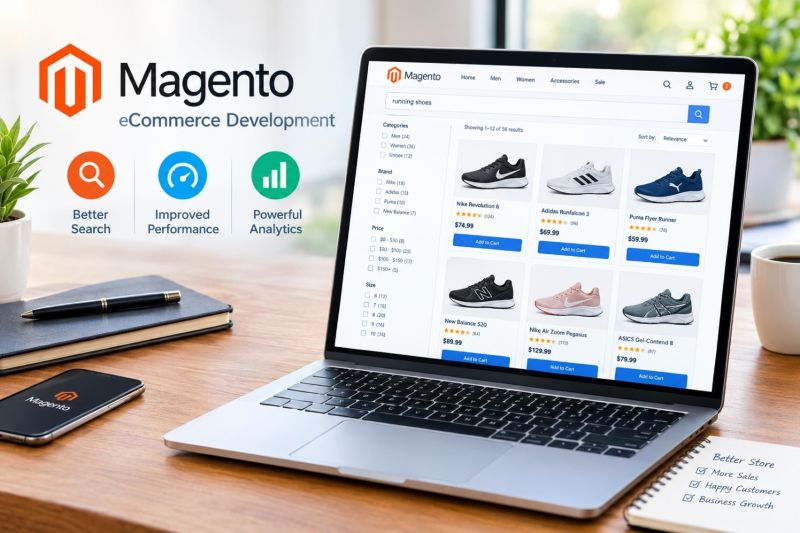 Magento ecommerce site on laptop computer