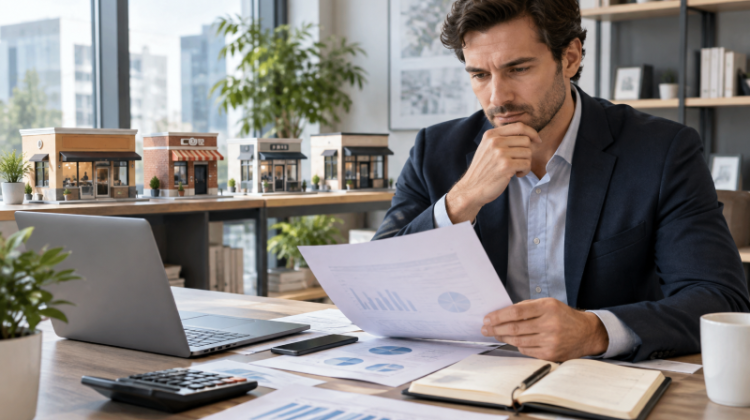 Prospective franchise owner reviewing financial documents while evaluating different franchise business opportunities.